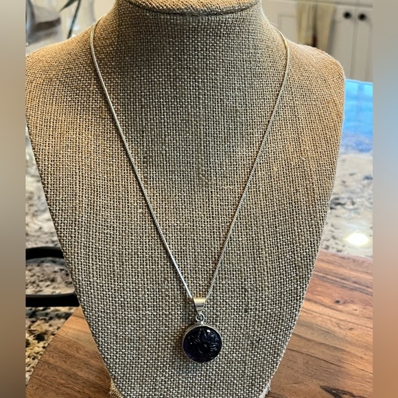 Jewelry - Vintage Sterling Silver 925 Necklace With Purple Carved Glass Pendant
